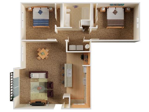 Floor plan for 2 beds, 1 bath, 925 sqft